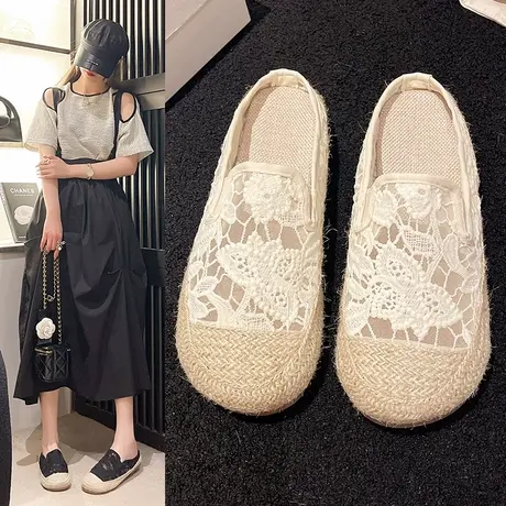 蕾丝渔夫鞋女夏季外穿2024新款包头半拖鞋女鞋时尚草编织凉拖布鞋商品大图