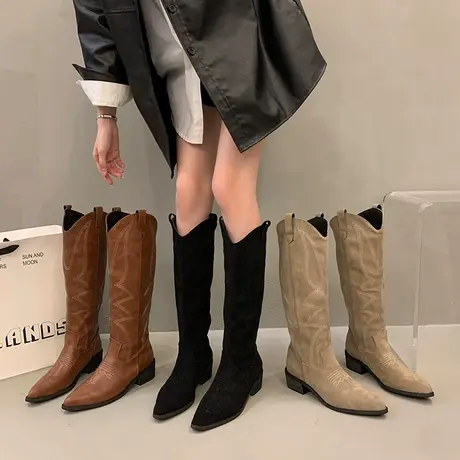 短靴女鞋子时尚西部牛仔靴复古长筒靴秋冬新款尖头高筒骑士马丁靴商品大图