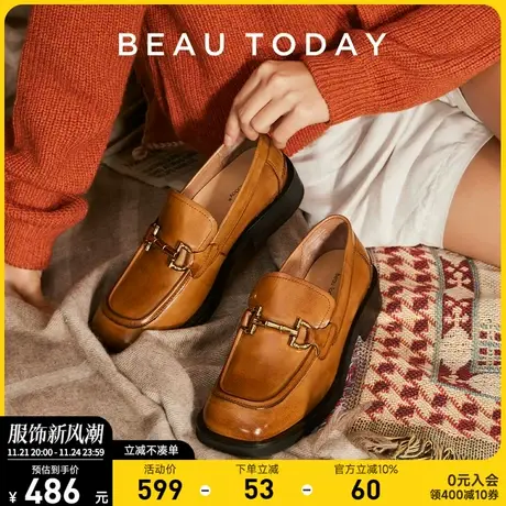 BeauToday真皮乐福鞋女鞋春季新款棕色方头小皮鞋法式英伦风单鞋商品大图