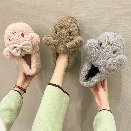 棉拖鞋女家居秋冬季可爱情侣室内蝴蝶结小羊保暖防滑家用情侣棉鞋商品大图