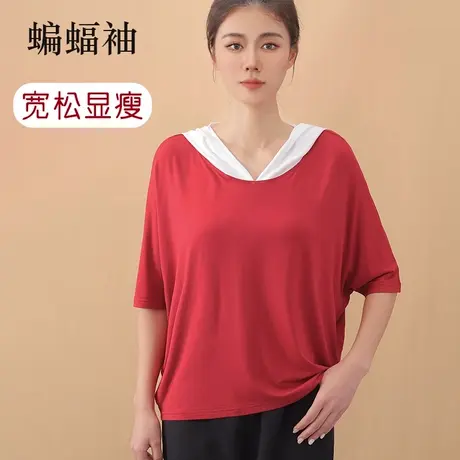 蝙蝠袖连帽短袖t恤女莫代尔薄款宽松大码休闲妈妈夏季上衣商品大图