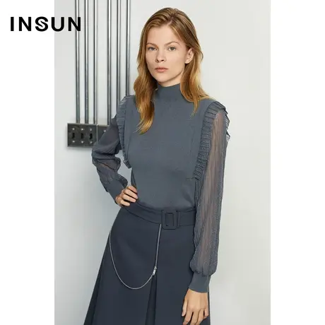 INSUN恩裳冬季拼接袖高领羊毛针织衫图片
