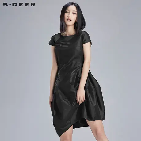 sdeer圣迪奥女装闪亮纯黑束腰连衣裙S16281203图片