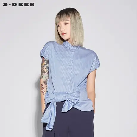 sdeer圣迪奥新款女装夏装翻领蓝白条纹搭片条纹短袖衬衫S18280431👴图片