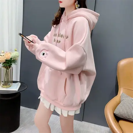 粉色连帽卫衣女秋冬加绒加厚小个子宽松美式复古百搭减龄上衣外套商品大图