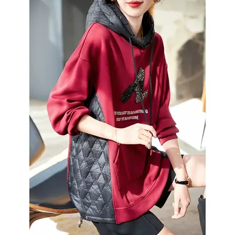 宝诗黎连帽刺绣钉钻拼接加绒卫衣女棉质宽松落肩上衣2023秋冬新款商品大图