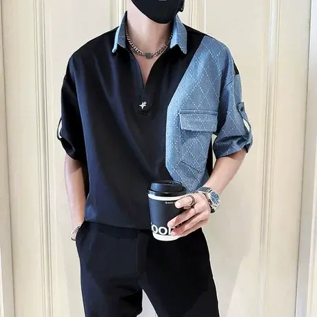 夏季潮流拼接短袖衬衣男个性潮男小众网红痞帅薄款v领半袖体恤商品大图