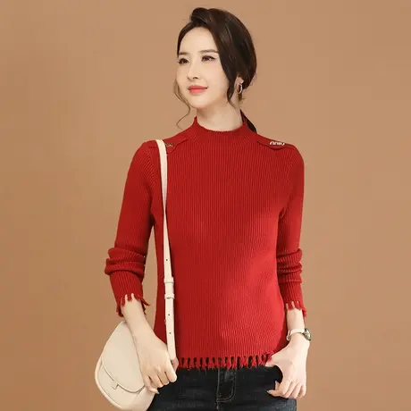 韩潮袭人半高领流苏红色毛衣女2023冬季新款针织衫上衣设计感图片
