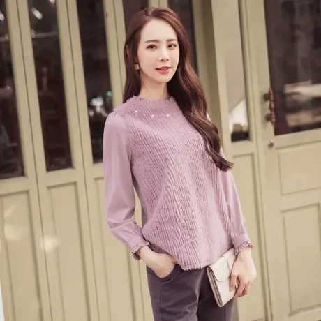 桔熊秋冬季韩版轻奢短绒毛荷叶领钉珠长袖微胖上衣女大码AB14265商品大图