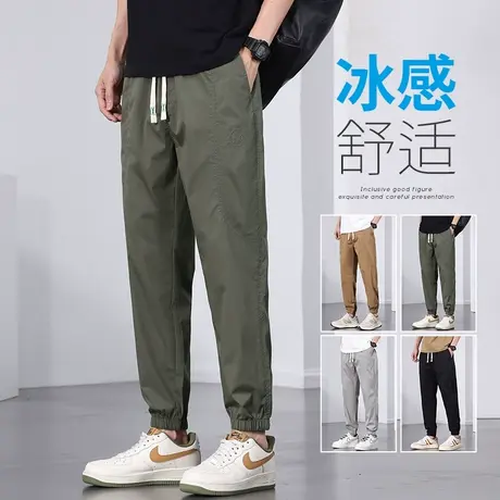 军绿色工装男士夏季薄款松紧腰休闲裤男裤子九分小脚夏裤潮流百搭商品大图