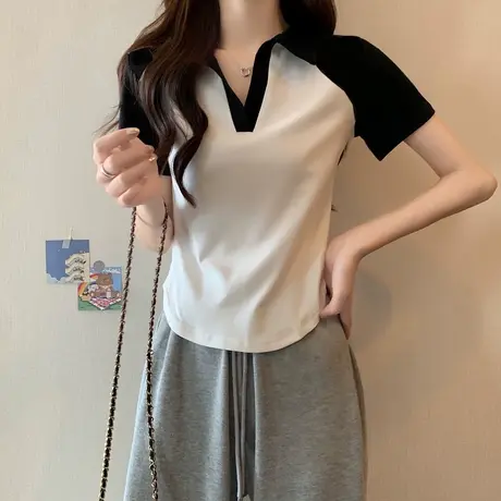 设计感短袖t恤女夏季拼色韩版内搭短款V领显瘦辣妹小众高级感上衣商品大图
