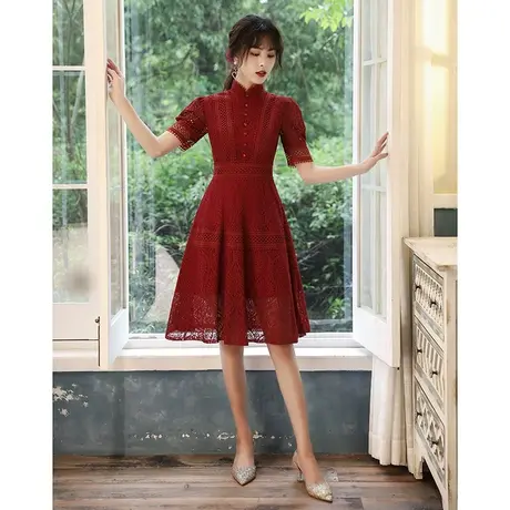 中式敬酒服新娘酒红色平时可穿新款小个子结婚订婚回门连衣裙蕾丝图片