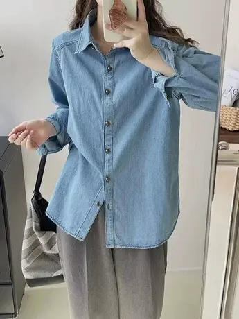 蓝色牛仔衬衫外套女2024春秋季复古港风小个子长袖衬衣上衣ins潮商品大图