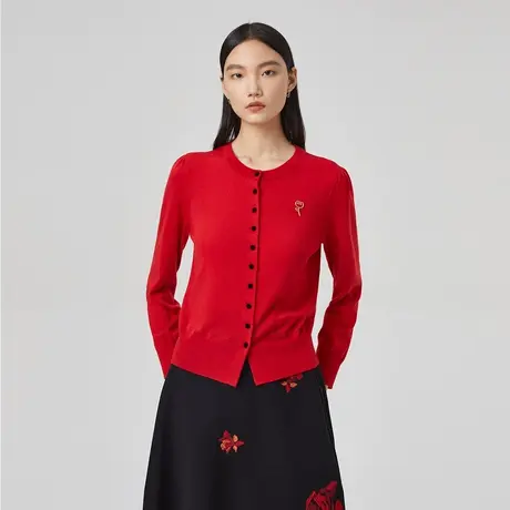 LANCY/俪雅LIAA圆领针织开衫女2023春季新年红色长袖羊毛衫女图片