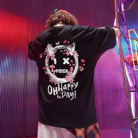 国潮oversize潮流樱花小恶魔短袖T恤男潮ins港风街头嘻哈半袖肥佬商品大图