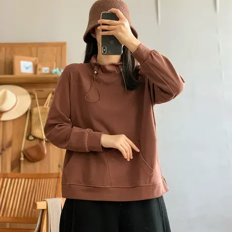 dza 复古纯色全棉抽绳口袋T恤女春新款宽松长袖上衣百搭打底衫女图片
