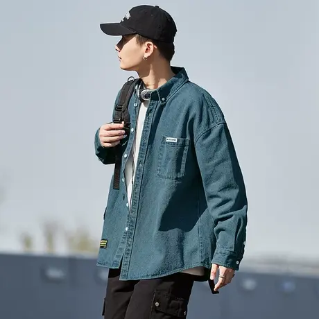 唐狮春秋季男长袖衬衫宽松百搭打底衫设计感美式复古牛仔衬衫外套图片