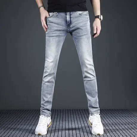 2024新款春夏季男士牛仔裤修身小脚浅蓝色高端弹力休闲牛仔裤男款商品大图