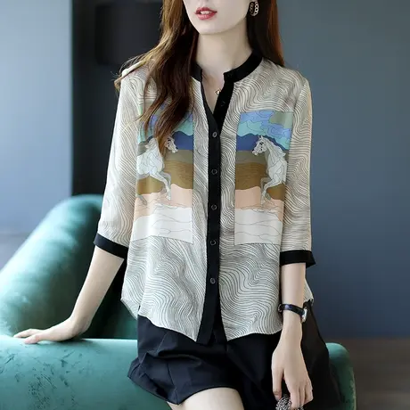 宝诗黎印花桑蚕丝衬衫女七分袖复古真丝衬衣2024春季新款气质上衣商品大图