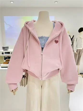 春秋款简约爱心植绒宽松显瘦小众拉链连帽卫衣女帽衫外套休闲上衣商品大图