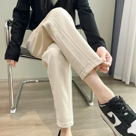 白色牛仔裤女2024春秋款高腰直筒九分老爹裤小个子宽松哈伦萝卜裤图片