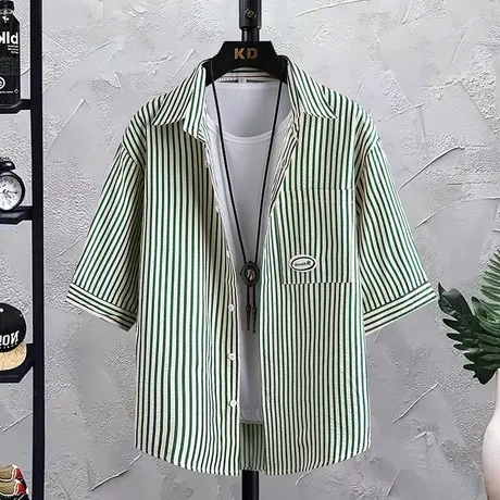 竖条纹纯棉长袖衬衫男夏季休闲白衬衣日系复古高级感短袖寸衫外套商品大图