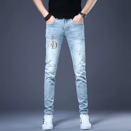 2023新款男士破洞烫钻牛仔裤男高端潮牌休闲修身小脚裤子秋款男款图片