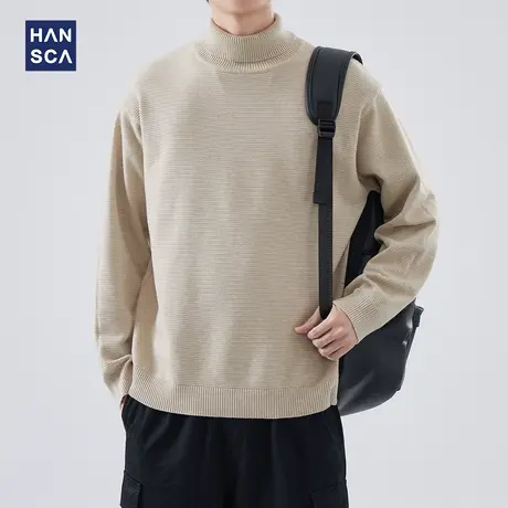 hansca纯色可翻高领毛衣男士秋冬季潮牌宽松慵懒风加厚保暖毛线衣商品大图