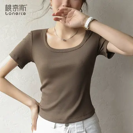 短袖t恤女夏季2023新款白色螺纹方领正肩修身显瘦短款体恤上衣女商品大图