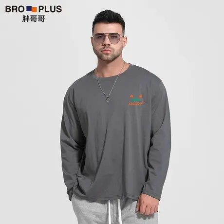 胖哥哥秋季长袖T恤男加肥加大码纯棉宽松简约圆领胖潮男士打底衫图片