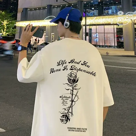 重磅纯棉宽松短袖T恤男2024新款玫瑰印花休闲潮牌男装夏季体恤衫商品大图