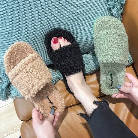 一字毛毛拖鞋女秋冬网红ins潮家用2024新款室内毛绒棉拖鞋子家居图片