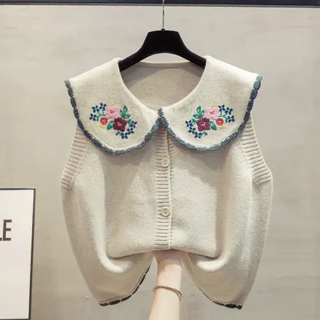 娃娃领针织开衫马甲背心女2023秋装新款宽松外穿马夹外搭毛衣坎肩图片