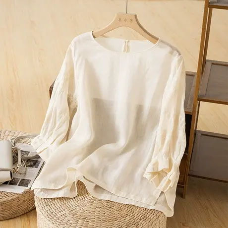 享永子七分袖苎麻上衣女文艺复古花瓣袖棉麻小衫宽松显瘦2023新款图片