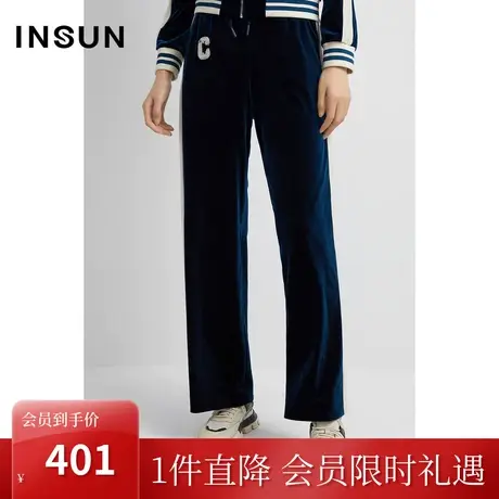 恩裳2023早春新品潮流侧织带撞色设计舒适丝绒阔腿休闲裤图片