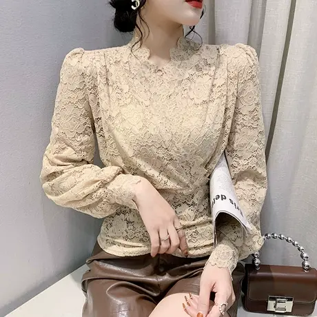 性感V领蕾丝打底衫女春秋2023新款欧货百搭紧身上衣气质雷丝长袖图片