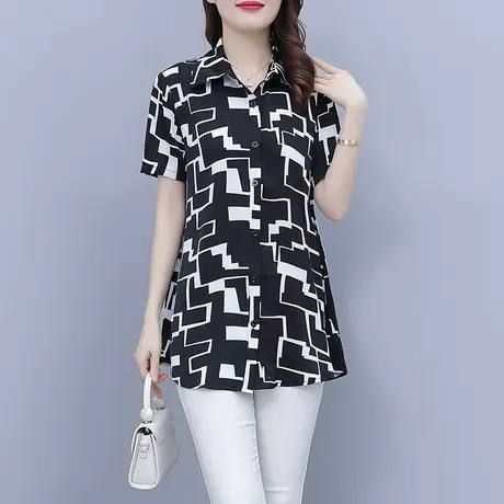 2023夏季女装新款宽松中长款短袖衬衫女减龄大码女装遮肚子女上衣商品大图