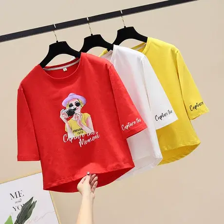 中袖T恤女宽松半袖前短后长2023年早春装新款韩版棉质七分袖上衣商品大图