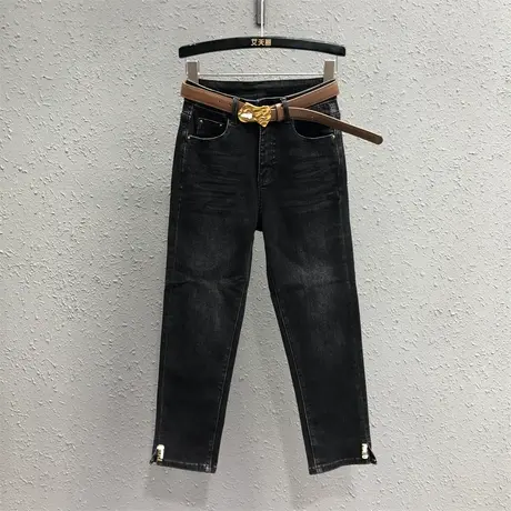 开叉烟管裤2023秋季新款裤脚金属装饰牛仔九分直筒裤女高腰显瘦潮图片