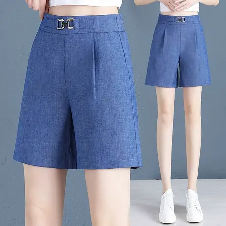 蓝色天丝牛仔短裤女2023夏季高腰时尚阔腿五分裤大码胖MM休闲中裤图片