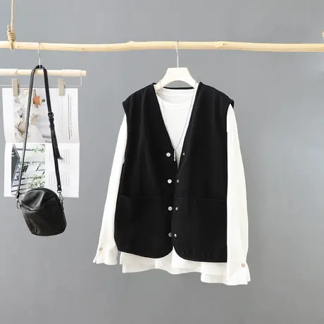 韩版黑色休闲马夹女背心2023春装新款小众V领无袖外套上衣坎肩图片