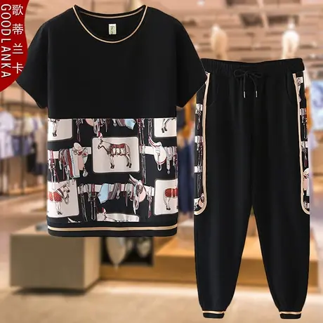 2023夏装新款中年妈妈大码洋气时尚减龄时髦短袖运动休闲两件套装商品大图