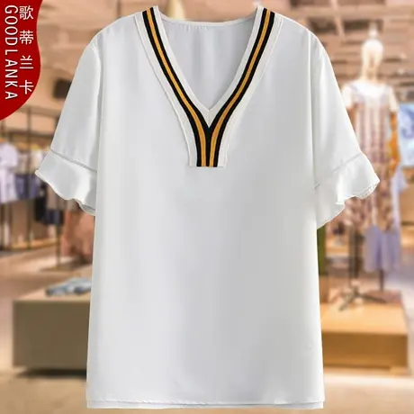 加肥加大码妈妈夏装t恤新款宽松时尚荷叶边女士V领短袖雪纺衫上衣商品大图