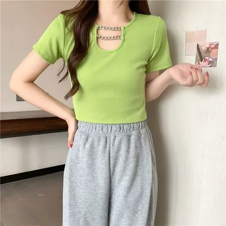 复古纯色百搭弹力短袖T恤女夏辣妹性感露脐短款打底衫紧身上衣图片