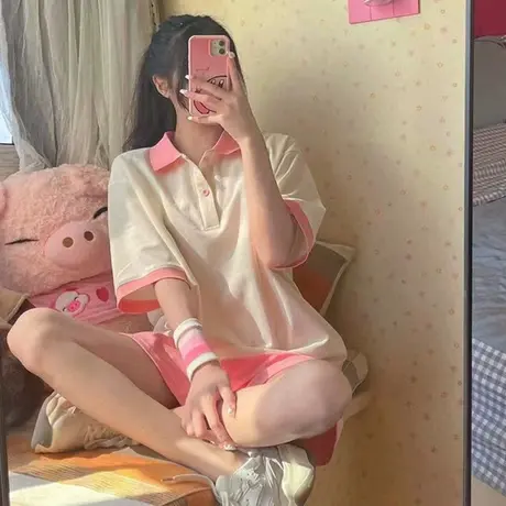 纯棉运动服套装女夏季薄款宽松韩版短袖短裤时尚小个子休闲两件套商品大图