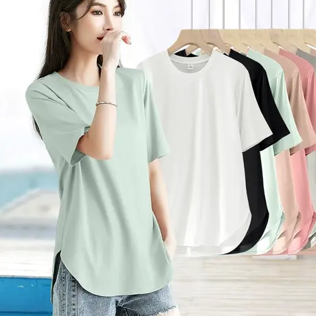 设计感圆弧下摆短袖t恤女夏季新款莫代尔棉宽松休闲体桖上衣薄款图片