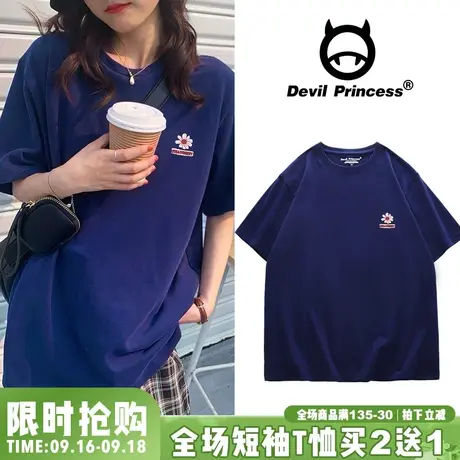 韩国小众chic港风简约印花t恤女宽松大码oversize慵懒风纯棉短袖图片