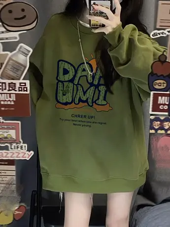 美式复古卫衣女2023爆款春秋小个子宽松大码慵懒风落肩上衣外套潮图片