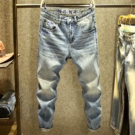 潮牌复古牛仔裤男弹力宽松直筒高端水洗耐磨做旧夏季九分裤小哈伦商品大图