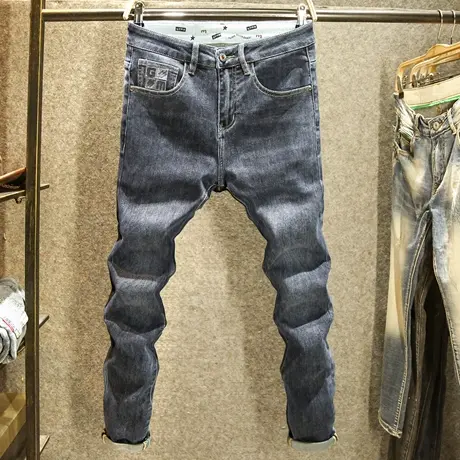 早秋新款男士牛仔裤ins刺绣潮牌小脚裤秋季蓝黑色耐磨水洗长裤子商品大图